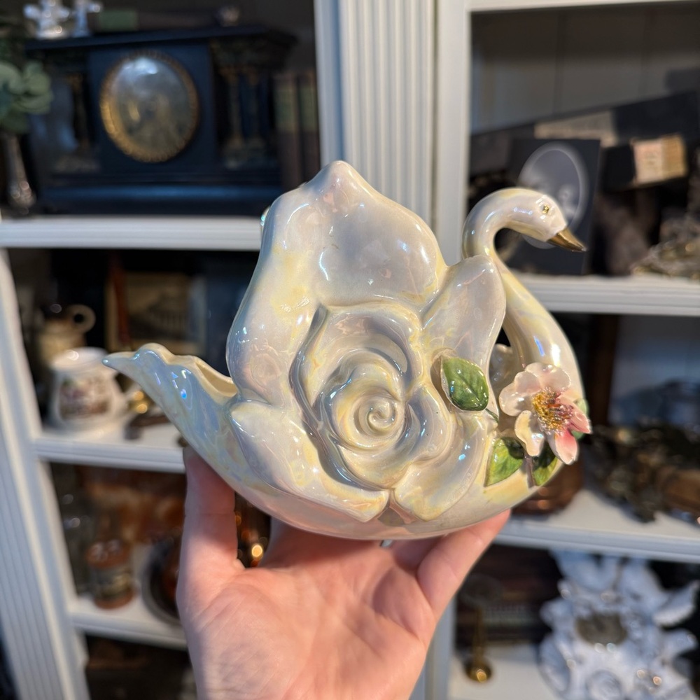 Elegant Ceramic Swan Vase with Floral Design